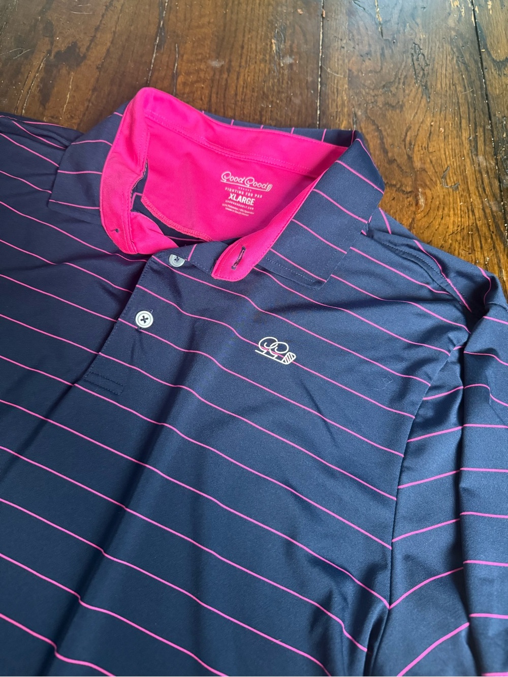 Good Good Golf XL Navy Polo with Pink Stripes
